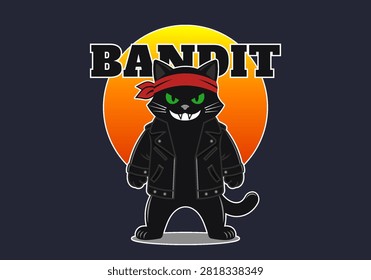 Vector cartoon smiling standing black bandit cat in red bandana and leather jacket. Toon sticker or label. Sun, sunset or sunrise. Feline decal. Comical puss hooligan. Scaring animal