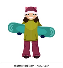 Vector cartoon smiling teenager brunette girl in ski suit and cute hat holding a snowboard behind her back. Winter sports, snowboarding, active lifestyle. Isolated illustration on white background.