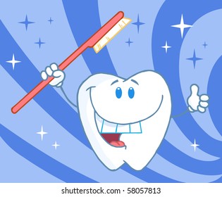Vector Cartoon Smiling Tooth With Toothbrush