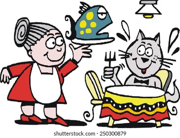 Vector cartoon of smiling woman serving fish dinner to hungry cat