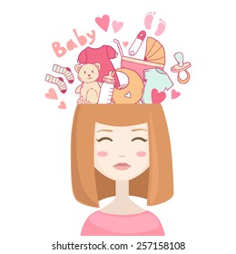 Vector cartoon smiling woman thinking about baby, lifestyle concept with cute baby necessary elements 