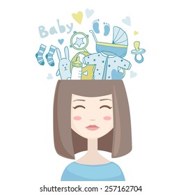 Vector cartoon smiling woman thinking about baby boy, lifestyle concept with cute baby necessary elements 