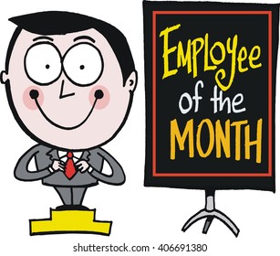 Vector cartoon of smiling worker beside Employee of the Month notice. 