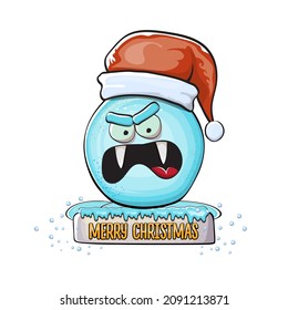 Vector cartoon snowball character with red santa claus hat isolated on white background. Childrens Merry Christmas greeting card with funny monster snow ball. Cartoon Santa 