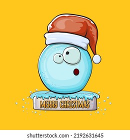 Vector cartoon snowball character with red santa claus hat isolated on orange background. Childrens Merry Christmas greeting card with funny monster snow ball. Cartoon Santa
