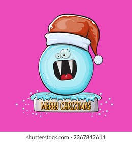 Vector cartoon snowball character with red santa claus hat isolated on pink background. Childrens Merry Christmas greeting card with funny monster snow ball. Cartoon Santa
