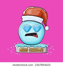 Vector cartoon snowball character with red santa claus hat isolated on pink background. Childrens Merry Christmas greeting card with funny monster snow ball. Cartoon Santa