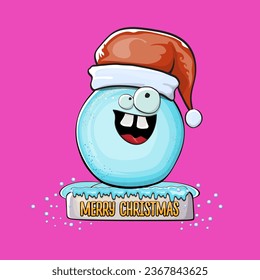 Vector cartoon snowball character with red santa claus hat isolated on pink background. Childrens Merry Christmas greeting card with funny monster snow ball. Cartoon Santa
