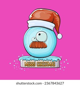 Vector cartoon snowball character with red santa claus hat isolated on pink background. Childrens Merry Christmas greeting card with funny monster snow ball. Cartoon Santa