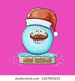 Vector cartoon snowball character with red santa claus hat isolated on pink background. Childrens Merry Christmas greeting card with funny monster snow ball. Cartoon Santa