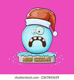 Vector cartoon snowball character with red santa claus hat isolated on pink background. Childrens Merry Christmas greeting card with funny monster snow ball. Cartoon Santa