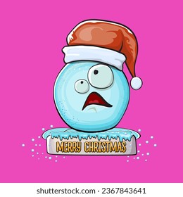 Vector cartoon snowball character with red santa claus hat isolated on pink background. Childrens Merry Christmas greeting card with funny monster snow ball. Cartoon Santa