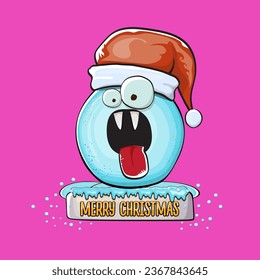 Vector cartoon snowball character with red santa claus hat isolated on pink background. Childrens Merry Christmas greeting card with funny monster snow ball. Cartoon Santa