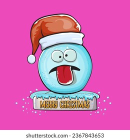 Vector cartoon snowball character with red santa claus hat isolated on pink background. Childrens Merry Christmas greeting card with funny monster snow ball. Cartoon Santa
