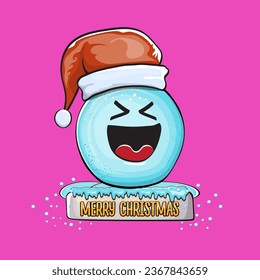 Vector cartoon snowball character with red santa claus hat isolated on pink background. Childrens Merry Christmas greeting card with funny monster snow ball. Cartoon Santa