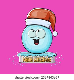 Vector cartoon snowball character with red santa claus hat isolated on pink background. Childrens Merry Christmas greeting card with funny monster snow ball. Cartoon Santa