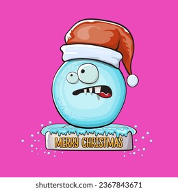 Vector cartoon snowball character with red santa claus hat isolated on pink background. Childrens Merry Christmas greeting card with funny monster snow ball. Cartoon Santa