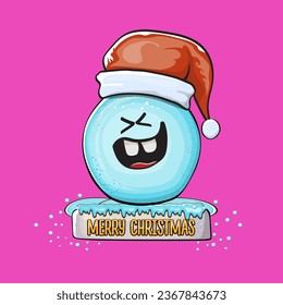 Vector cartoon snowball character with red santa claus hat isolated on pink background. Childrens Merry Christmas greeting card with funny monster snow ball. Cartoon Santa