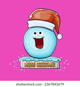 Caricatura vectorial del personaje de bola de nieve con el sombrero de santa roja aislado en un fondo rosado. Niños Feliz tarjeta de felicitación de Navidad con divertida bola de nieve monstruo. Caricatura de Santa María