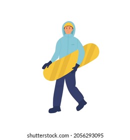 Caricatura vectorial snowboard. el tipo camina y sostiene la caricatura del patinador. plano