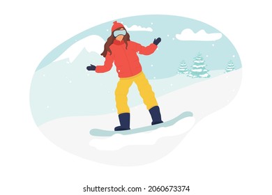 Vector cartoon snowboarder jumping. Young woman or girl on snowboard. flat winter. Flat vector illustration in cartoon style. sport.