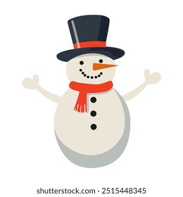 Vector cartoon Snowman for Christmas Card. Merry Christmas and Happy New Year greeting card. Snowman character in a flat style on a white background