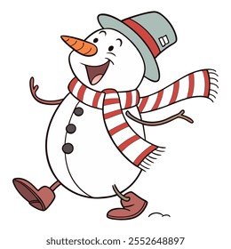 Vector cartoon Snowman for Christmas Card. Merry Christmas and Happy New Year greeting card. Snowman character in a flat style on a white background