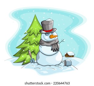 Vector cartoon snowman with christmas tree