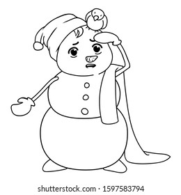 Vector cartoon snowman. Cute confused snowman boy with bird on tot of his head