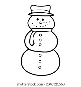 Vector cartoon snowman. Doodle style. Drawing cute snowman in hat and scarf. New Year, Christmas, holidays, winter activities.