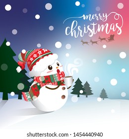 vector cartoon snowman drinks coffee while falling in christmas with christmas tree.