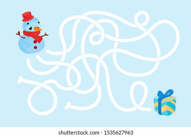 Vector cartoon snowman and gift box. Vector illustrations for children books. Labyrinth. Educational game for children. 
