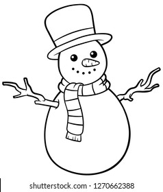 Vector Cartoon Snowman with Green and Red Scarf Smiling Line Art