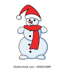 Hombre de nieve con dibujos animados. Hand dibujó muñeco de nieve con sombrero rojo y bufanda.