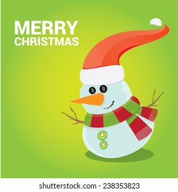 Vector cartoon snowman icon on green. Merry Christmas card design