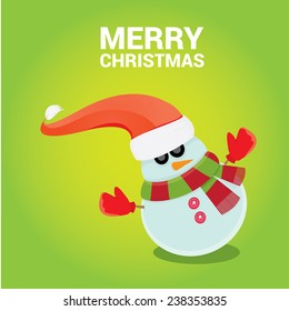 Vector cartoon snowman icon on green. Merry Christmas card design