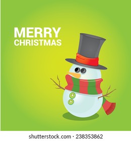 Vector cartoon snowman icon on green. Merry Christmas card design