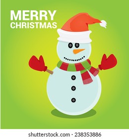 Vector cartoon snowman icon on green. Merry Christmas card design