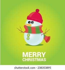 Vector cartoon snowman icon on green. Merry Christmas card design