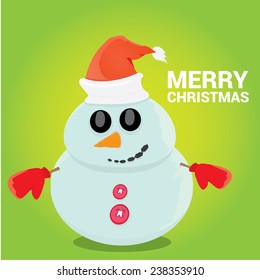 Vector cartoon snowman icon on green. Merry Christmas card design