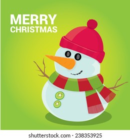 Vector cartoon snowman icon on green. Merry Christmas card design