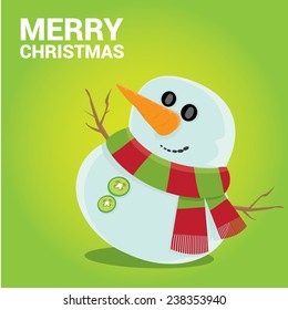 Vector cartoon snowman icon on green. Merry Christmas card design