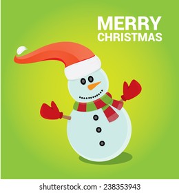 Vector cartoon snowman icon on green. Merry Christmas card design