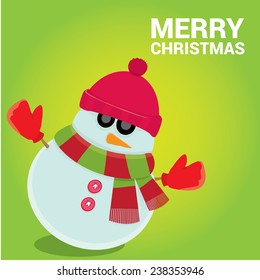 Vector cartoon snowman icon on green. Merry Christmas card design