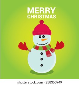 Vector cartoon snowman icon on green. Merry Christmas card design