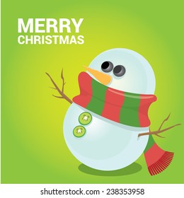 Vector cartoon snowman icon on green. Merry Christmas card design