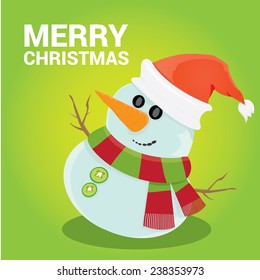 Vector cartoon snowman icon on green. Merry Christmas card design