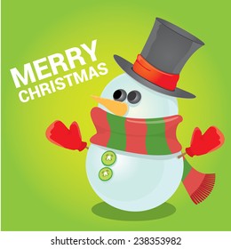 Vector cartoon snowman icon on green. Merry Christmas card design