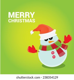 Vector cartoon snowman icon on green. Merry Christmas card design