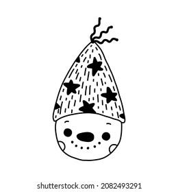 Vector cartoon snowman illustration. Black and white colors. Hand drawn doodle snowman in festive cap with stars.